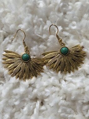 Gold Fan Drop Earrings with Green Stone
